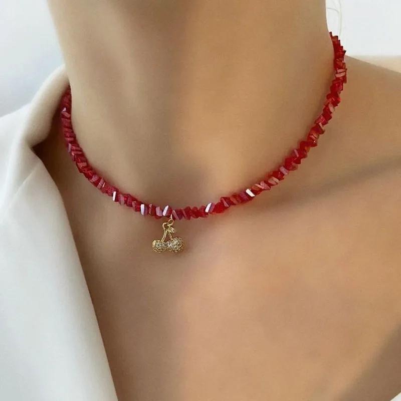 Exaggerated Baroque Red Transparent Crystal Chain With Sexy Zircon Cherry Pendant Necklace For Women Wedding Praty Gift N0541 1