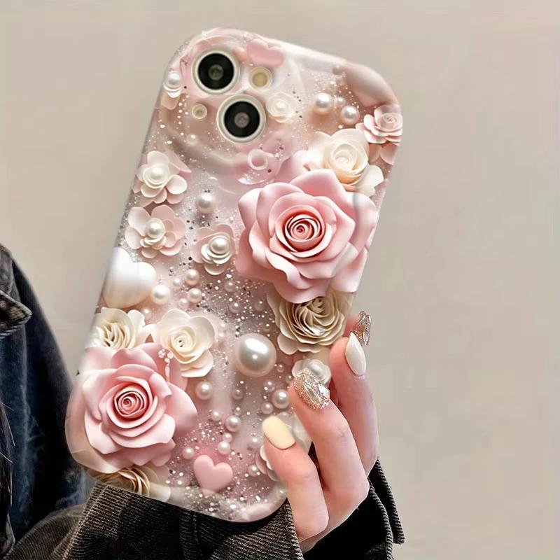 Pink Rose Flowers Cream Wave Edge Phone Case For iPhone 17 16 Pro Max 15 14 Plus 13 12 11 Pro Max 16e 17e Shockproof Soft Cover 1