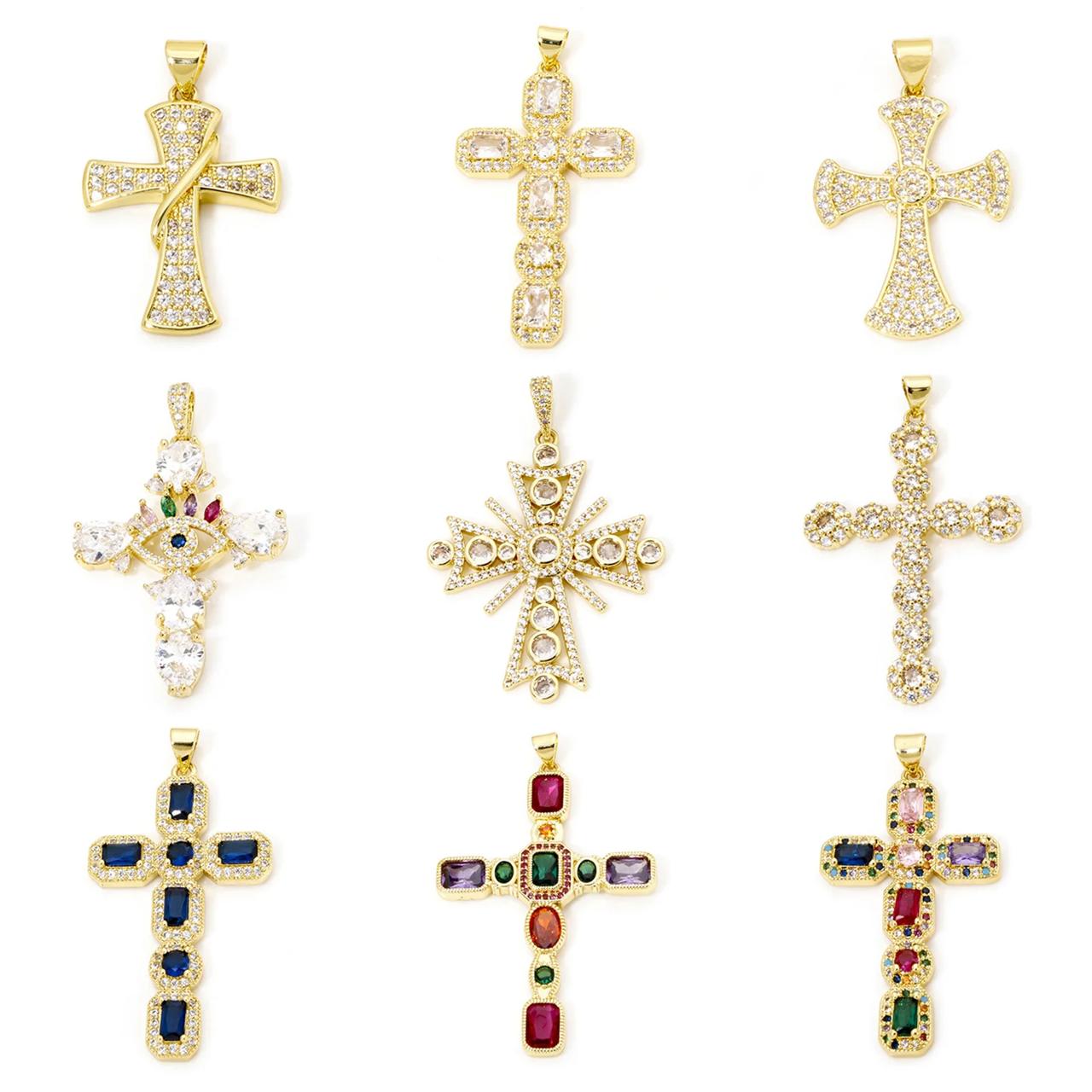 1 Piece Brass Religious Pendants 18K Real Gold Plated Cross Cubic Zirconia Charms For DIY Necklace Bracelet Jewelry Making 1