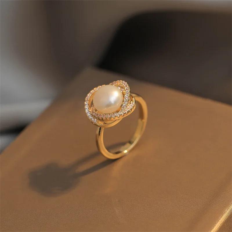 Simple Inlaid Zircon Golden Rose Pearl Ring for Women Personalized Fashionable Daily Accessories Party Jewelry Birthday Gifts 1