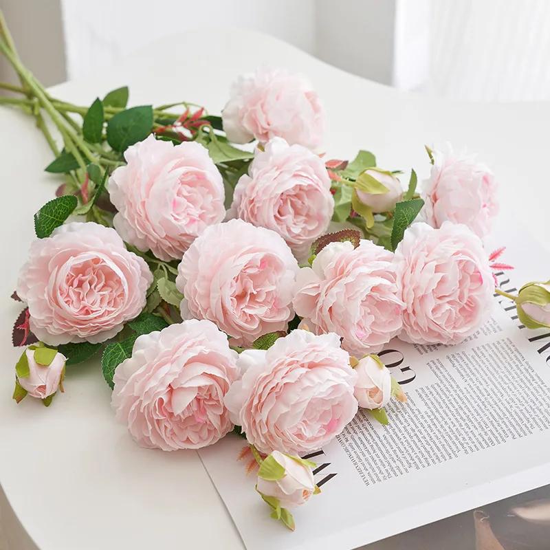 Artificial Silk Rose Flower Bridal Bouquet Flowers Home Decorations PINK Fake Peony Branch Fake Rose Wedding Table Decoration 1
