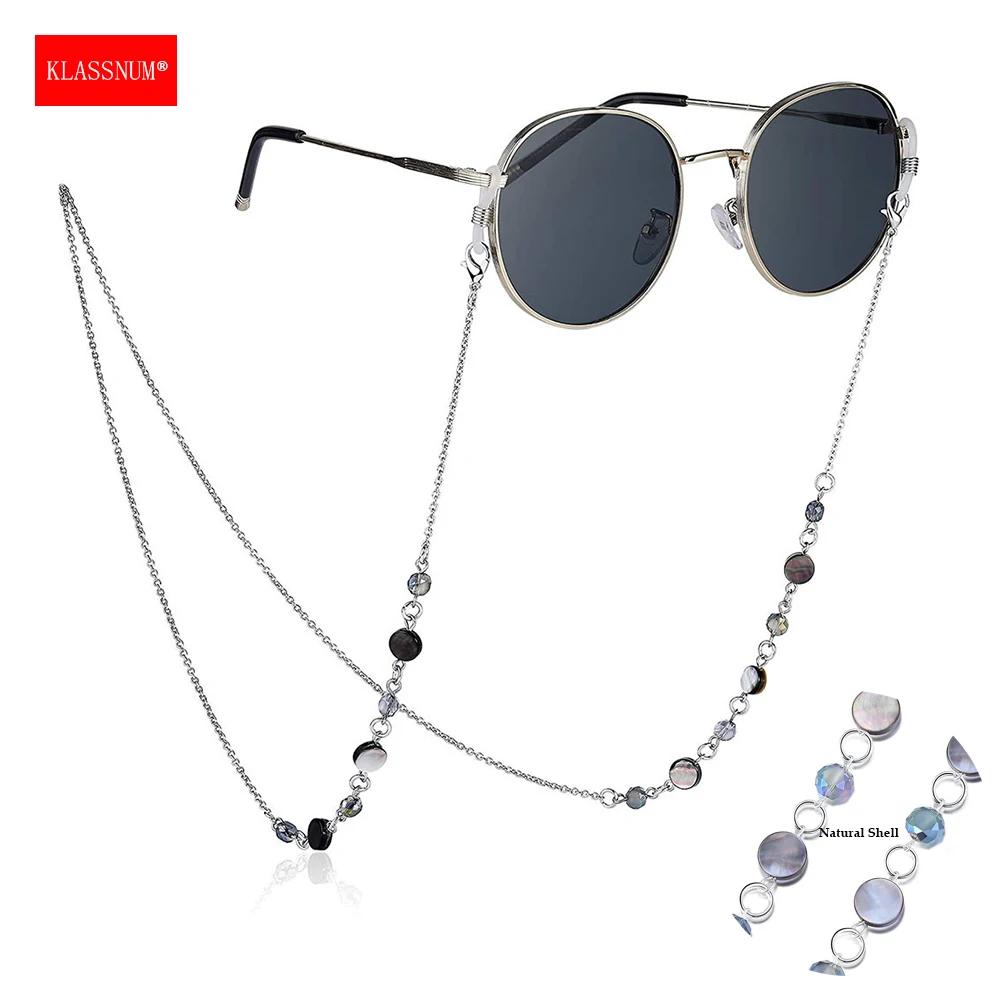 KLASSNUM Women Natural Shell Crystal Glasses Chain Stainless Steel Lanyard Gold Silver Color Sunglasses Reading Glasses Strap 1