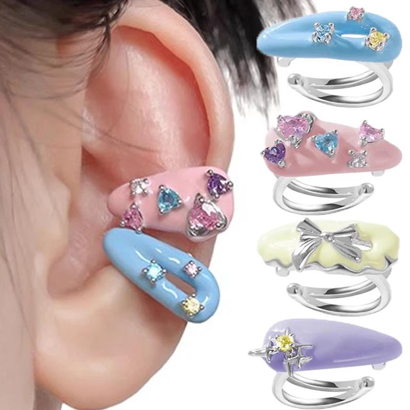 4pcs Fashion Y2K Colorful Dropping Glaze No Piercing Ear Cuff Earrings Sweet Zircon Hoop Ear Clip Earring Girls Women Jewelry 1