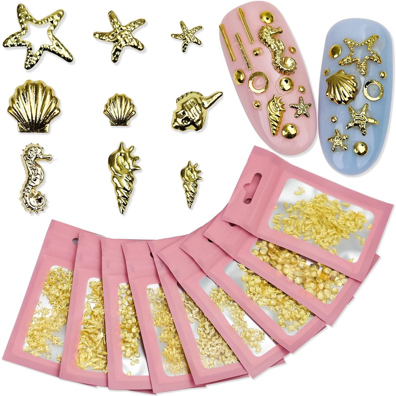 200PCS/Pack Metal Shell Nail Charms Kawaii Accessories Starfish Hippocampus Conch Designs For 3D Nails Art Decoration Supplies 1