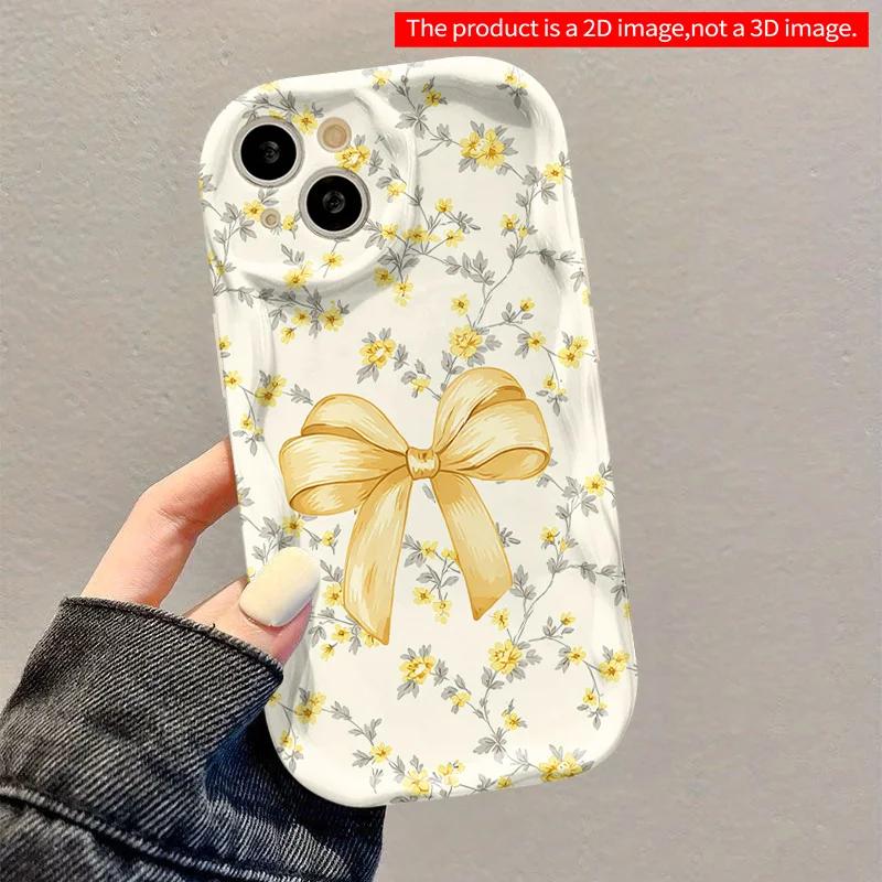 Gentle Milk Yellow Flower Bow Pattern Phone Case For iPhone 17 16 15 14 Pro Max 13 12 11 14 15 16 Plus 16E 17Air Wave Edge Cover 1