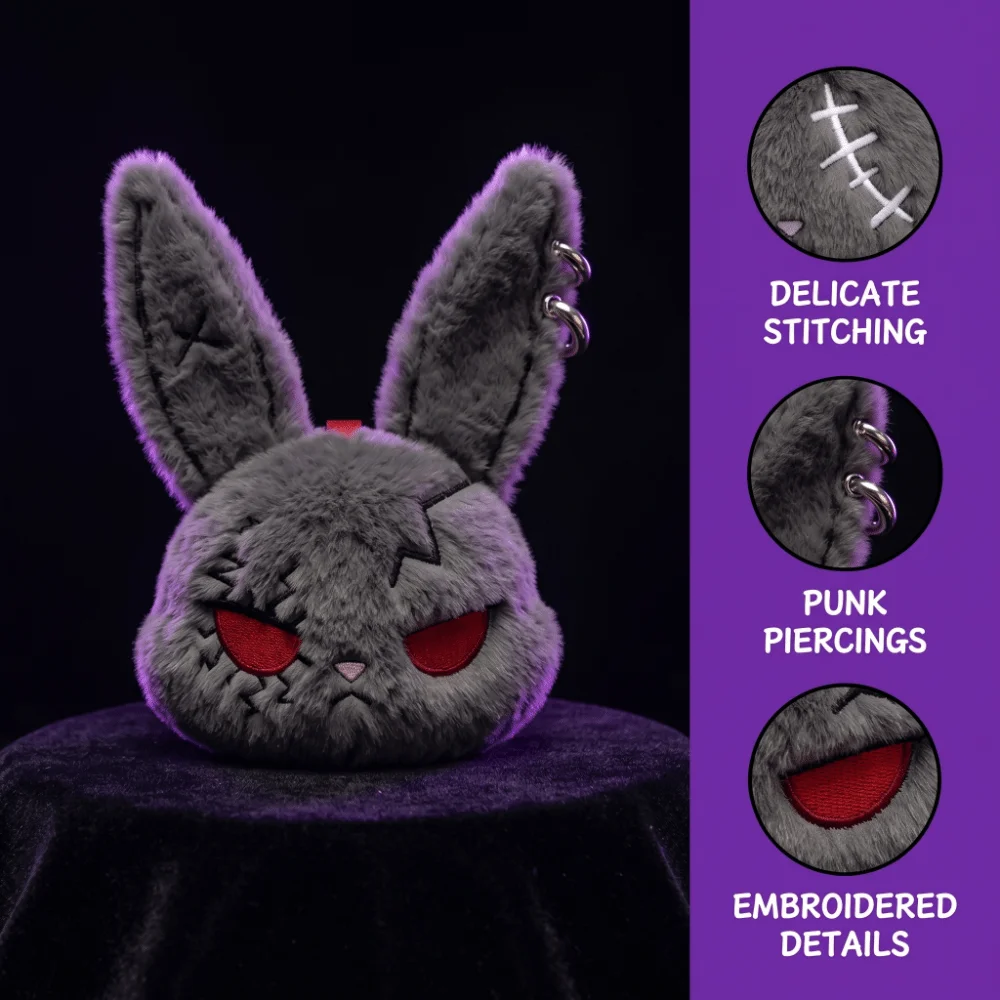 PP Cotton Plush Bunny Keychain Gothic Animal Wounded Rabbit Keyring Dark Style Spooky Design Cute Furry Bag Pendant Halloween 1