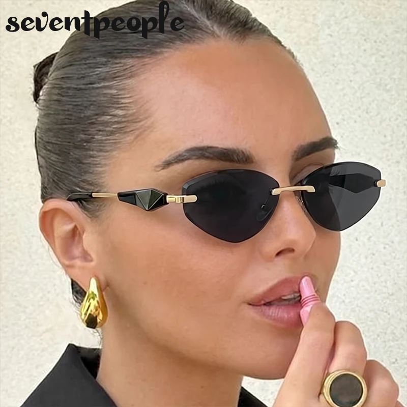 Sexy Cat Eye Rimless Punk Sunglasses Women New 2026 Luxury Designer Trendy Frameless Polygon Sun Glasses Vintage Metal Shades