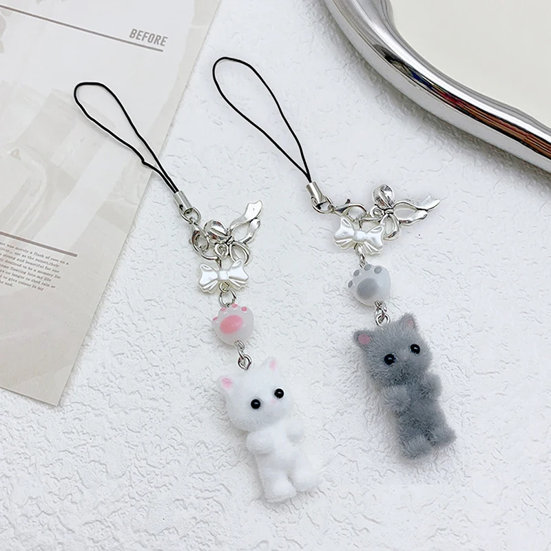 1PC Kawaii Flocking Cat Pendant Phone Lanyard Y2K Cute Bow Kitten Phone Chain Korean Mobile Phone Charm Keycord Girl Gifts
