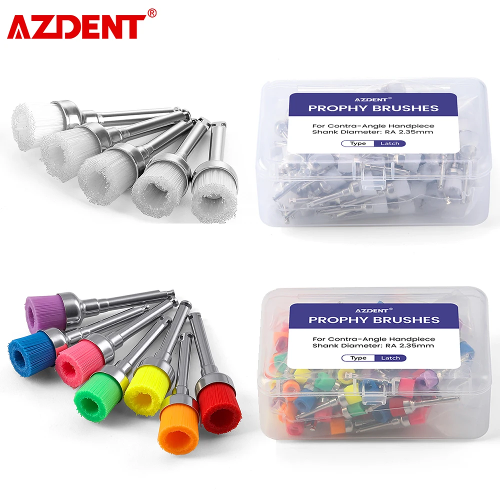 AZDENT 100pcs/Box Dental Nylon Latch Flat Tapered Polishing Polisher Prophylaxis Brushes Disposable Dental Care Soft Brush Head