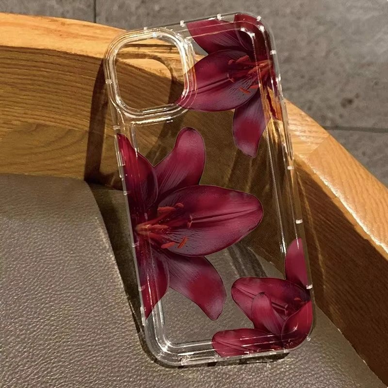 Wine Red Lily Pattern Transparent Phone Case For iPhone 17 Pro Max 16 15 14 11 12 13 Cover For iPhone Air XS X XR 7 8 Plus Funda