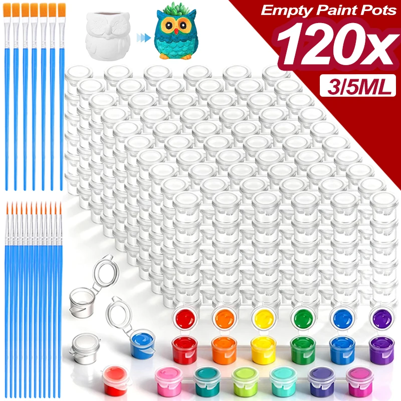 3/5ml Empty Paint Pots with Lid Arts Crafts Supplies 20Strips Clear Storage Containers Box with Paint Brushes for Paintings