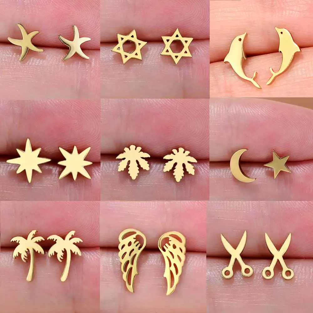 Stainless Steel Mini Earrings Girls Minimalist Punk Gold Color Coconut Tree Dolphin Star Moon Stud Earring Party Jewelry Brincos