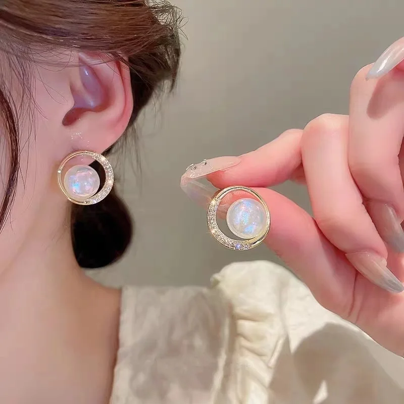 925 Silver Needle Korean Sweet Bright Pearl Earrings For Women Jewelry 2026 Trending New Luxury Fashion Crystal Circle Earrings
