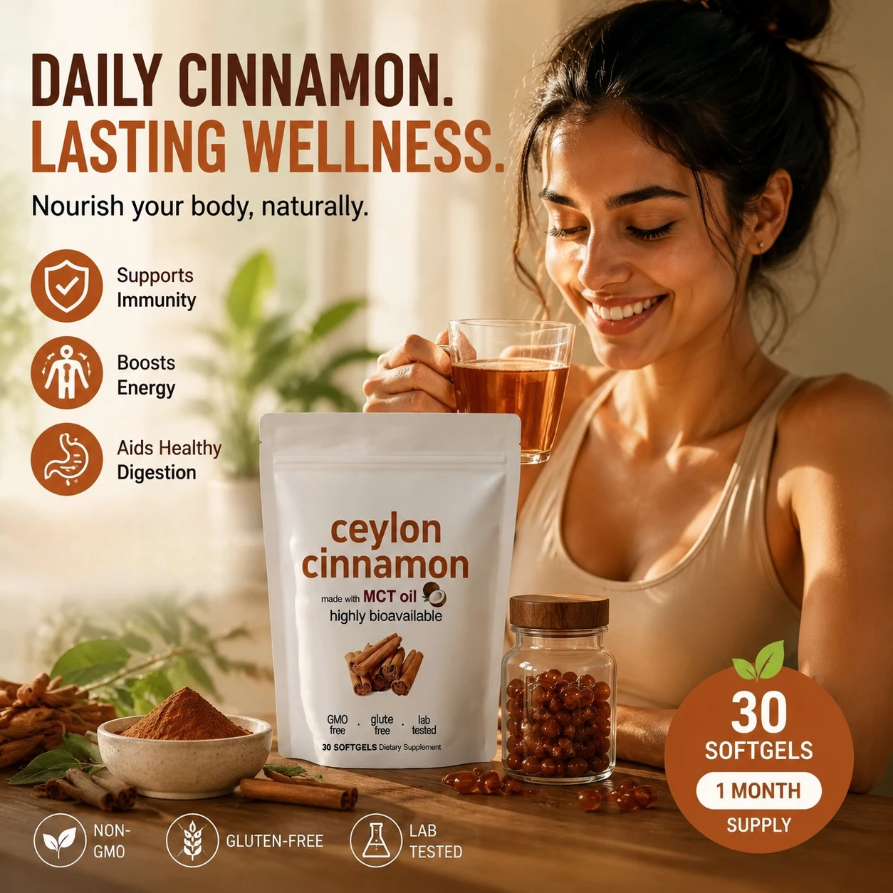 Ceylon Cinnamon Softgels 30 Count Natural Cinnamon Extract Supplement for Daily Wellness Digestion & Vitality Support