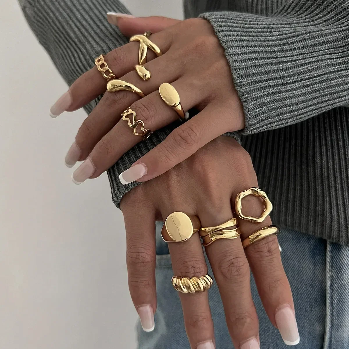 10Pcs/Set Geometric Trendy Gold Silver Color Cuff Rings Set for Women Girl Metallic Stainless Steel Minimalism Fashion Chic Ring