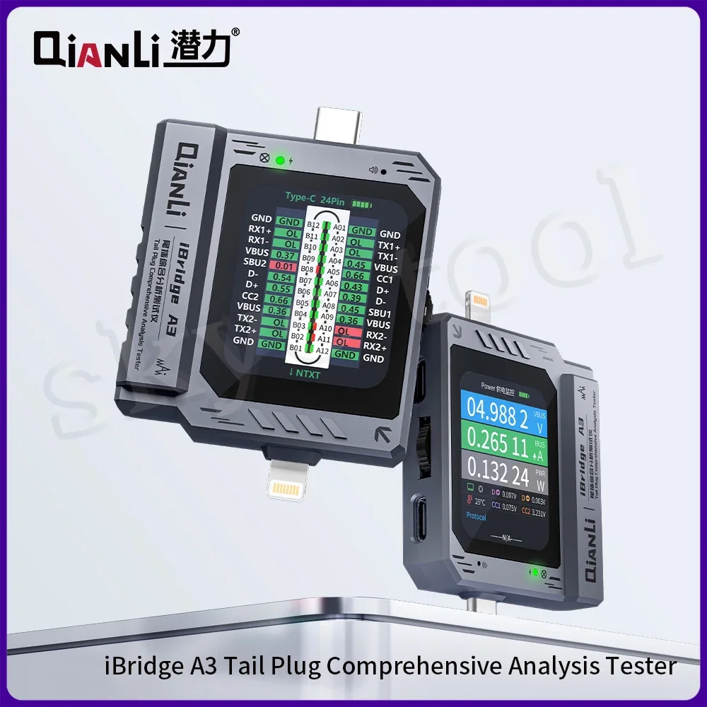 QIANLI iBridge A3 Mobile Phone Tail Plug Detector for Lightning Type-C Interface Devices IPhone Samsung Cell Phone Maintenance