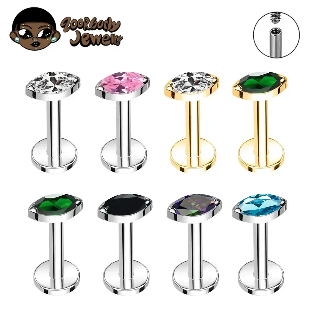 ASTM F136 Titanium Labret Lip Piercing 16G 18G Nose RingTragus Marquise CZ Helix Cartilage Conch Earring Piercing Jewelry