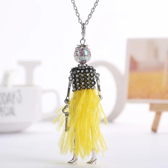 YLWHJJ brand doll cute pendant necklace for wemen long chain hot fashion jewelry rhinestone Exaggerated feather dress necklace 6