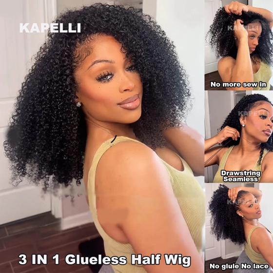 Half Wig Human Hair Wigs 180% Half Wig Kinky Curly Human Hair Wigs 3 In 1 Invisible Hairline Wear Go With Drawstring Seamless 6