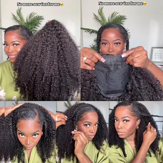 Half Wig Human Hair Wigs 180% Half Wig Kinky Curly Human Hair Wigs 3 In 1 Invisible Hairline Wear Go With Drawstring Seamless 2