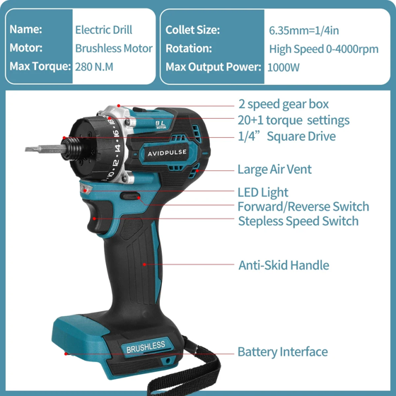 AvidPulse 20+1 Torque 1/4inch Brushless Electric Screwdriver Cordless 280N.m Electric Drill Power Tool For Makita 18v Battery 6