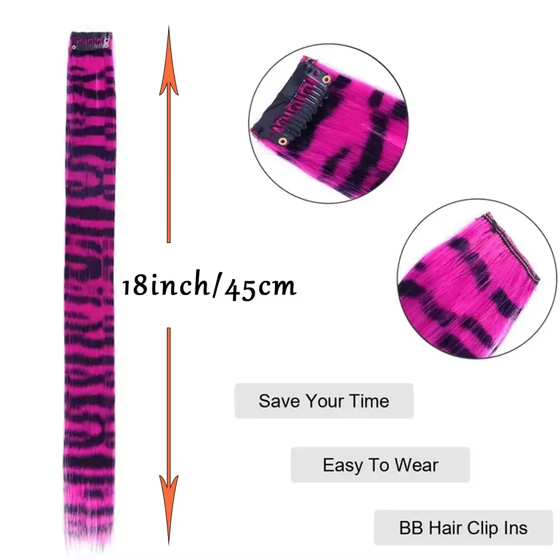 Stripe Printed Clip in Hair Extensions Colorful Synthetic Hair Highlights 18 Inches Straight Wig Hairpieces for Daily Use Party