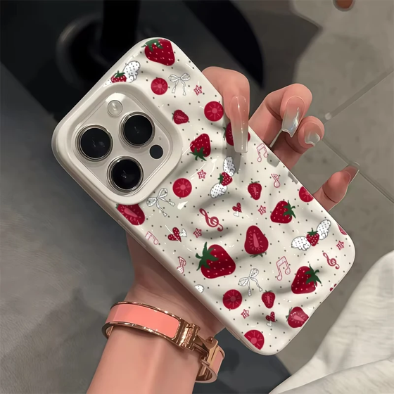 Strawberry Fruit Chain Pattern Phone Case For iPhone 11 12 13 14 15 16 17 Pro Plus Pro Max Air Cute 3D Wrinkle Soft Back Cover