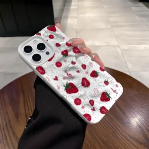 Strawberry Fruit Chain Pattern Phone Case For iPhone 11 12 13 14 15 16 17 Pro Plus Pro Max Air Cute 3D Wrinkle Soft Back Cover