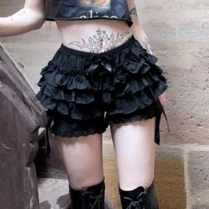 Gothic Lolita Lace Shorts Women Black Aesthetic Cute Sweet Bow Ruffle Bloomers Shorts Y2k E-girl Kawaii Frilly Panties