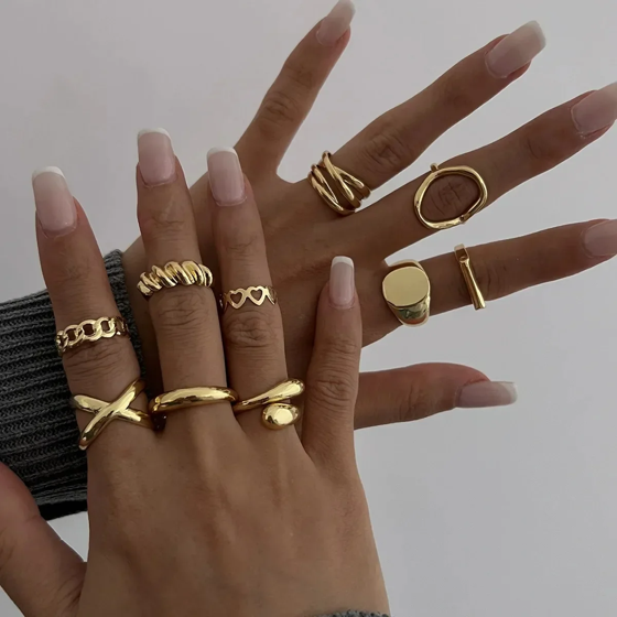 10Pcs/Set Geometric Trendy Gold Silver Color Cuff Rings Set for Women Girl Metallic Stainless Steel Minimalism Fashion Chic Ring