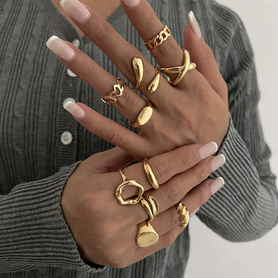 10Pcs/Set Geometric Trendy Gold Silver Color Cuff Rings Set for Women Girl Metallic Stainless Steel Minimalism Fashion Chic Ring