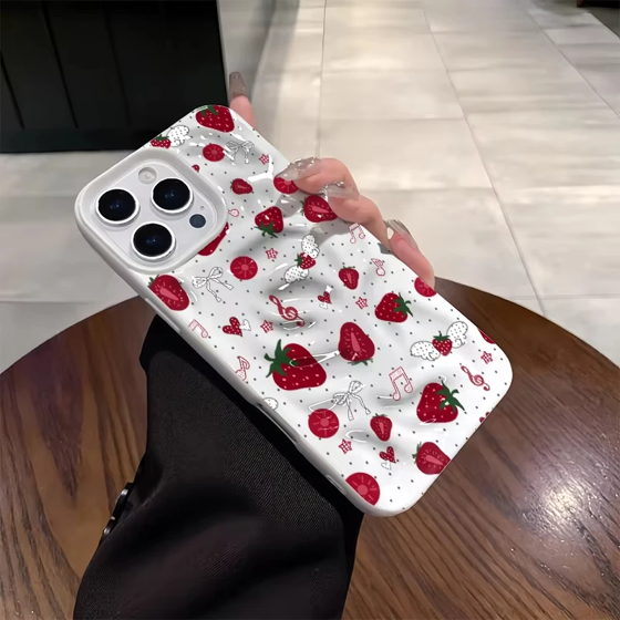 Strawberry Fruit Chain Pattern Phone Case For iPhone 11 12 13 14 15 16 17 Pro Plus Pro Max Air Cute 3D Wrinkle Soft Back Cover