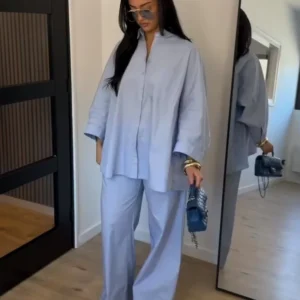 Lapel Short Sleeve Pocket Solid Color Shirt Pants Set Loose Fit Straight Leg Trouser 2026 Spring Casual Women Daily Outfit