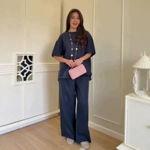 Lapel Short Sleeve Pocket Solid Color Shirt Pants Set Loose Fit Straight Leg Trouser 2026 Spring Casual Women Daily Outfit