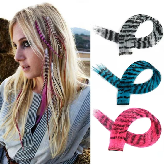 Stripe Printed Clip in Hair Extensions Colorful Synthetic Hair Highlights 18 Inches Straight Wig Hairpieces for Daily Use Party