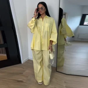 Lapel Short Sleeve Pocket Solid Color Shirt Pants Set Loose Fit Straight Leg Trouser 2026 Spring Casual Women Daily Outfit