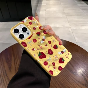 Strawberry Fruit Chain Pattern Phone Case For iPhone 11 12 13 14 15 16 17 Pro Plus Pro Max Air Cute 3D Wrinkle Soft Back Cover