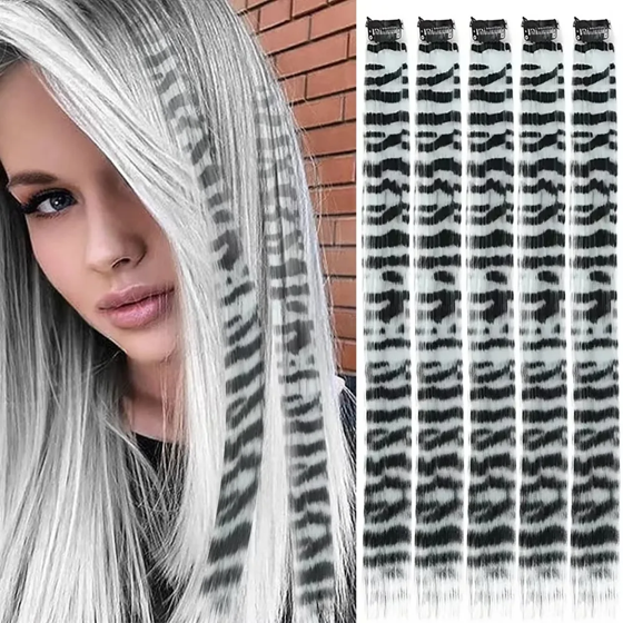 Stripe Printed Clip in Hair Extensions Colorful Synthetic Hair Highlights 18 Inches Straight Wig Hairpieces for Daily Use Party