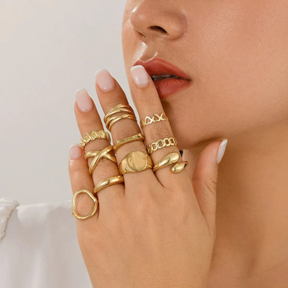 10Pcs/Set Geometric Trendy Gold Silver Color Cuff Rings Set for Women Girl Metallic Stainless Steel Minimalism Fashion Chic Ring