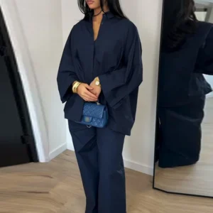 Lapel Short Sleeve Pocket Solid Color Shirt Pants Set Loose Fit Straight Leg Trouser 2026 Spring Casual Women Daily Outfit
