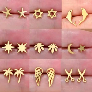 Stainless Steel Mini Earrings Girls Minimalist Punk Gold Color Coconut Tree Dolphin Star Moon Stud Earring Party Jewelry Brincos