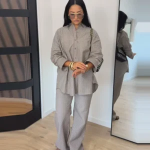 Lapel Short Sleeve Pocket Solid Color Shirt Pants Set Loose Fit Straight Leg Trouser 2026 Spring Casual Women Daily Outfit