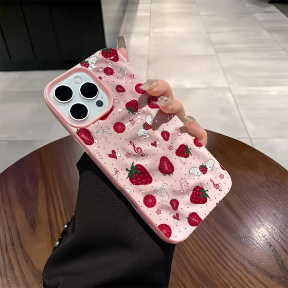 Strawberry Fruit Chain Pattern Phone Case For iPhone 11 12 13 14 15 16 17 Pro Plus Pro Max Air Cute 3D Wrinkle Soft Back Cover