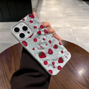 Strawberry Fruit Chain Pattern Phone Case For iPhone 11 12 13 14 15 16 17 Pro Plus Pro Max Air Cute 3D Wrinkle Soft Back Cover