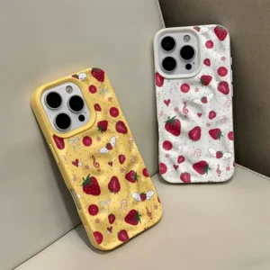 Strawberry Fruit Chain Pattern Phone Case For iPhone 11 12 13 14 15 16 17 Pro Plus Pro Max Air Cute 3D Wrinkle Soft Back Cover