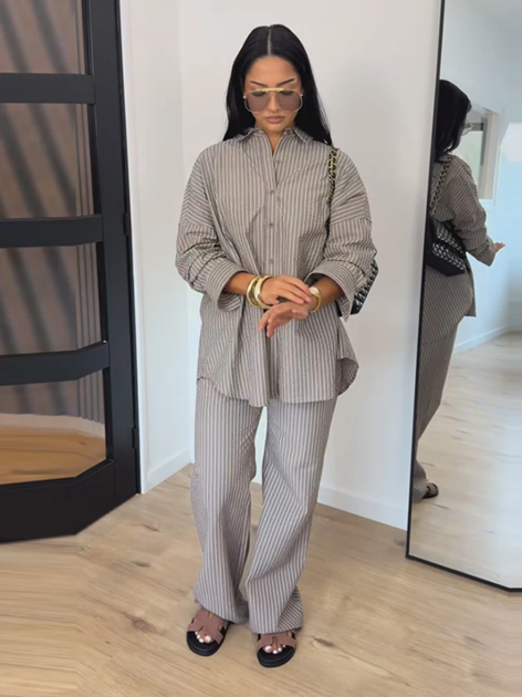 Lapel Short Sleeve Pocket Solid Color Shirt Pants Set Loose Fit Straight Leg Trouser 2026 Spring Casual Women Daily Outfit