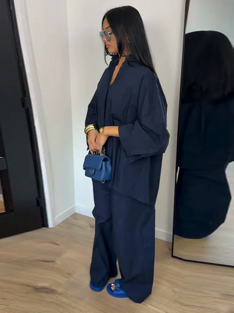 Lapel Short Sleeve Pocket Solid Color Shirt Pants Set Loose Fit Straight Leg Trouser 2026 Spring Casual Women Daily Outfit