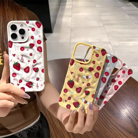 Strawberry Fruit Chain Pattern Phone Case For iPhone 11 12 13 14 15 16 17 Pro Plus Pro Max Air Cute 3D Wrinkle Soft Back Cover