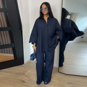 Lapel Short Sleeve Pocket Solid Color Shirt Pants Set Loose Fit Straight Leg Trouser 2026 Spring Casual Women Daily Outfit